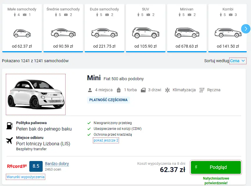 cena aut do wypożyczenia w lizbonie